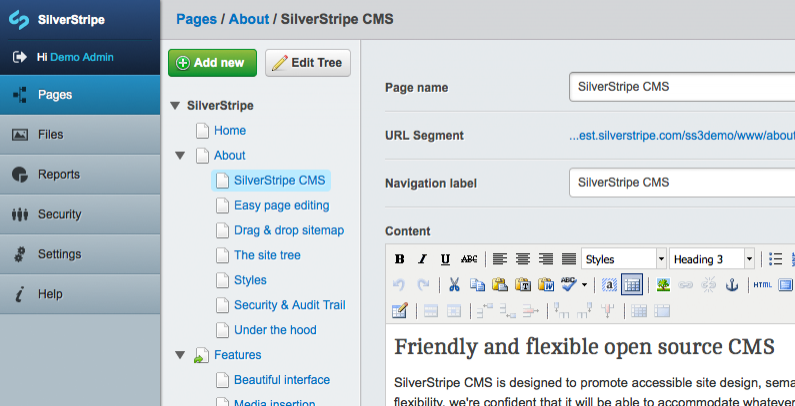 Silverstripe CMS interface